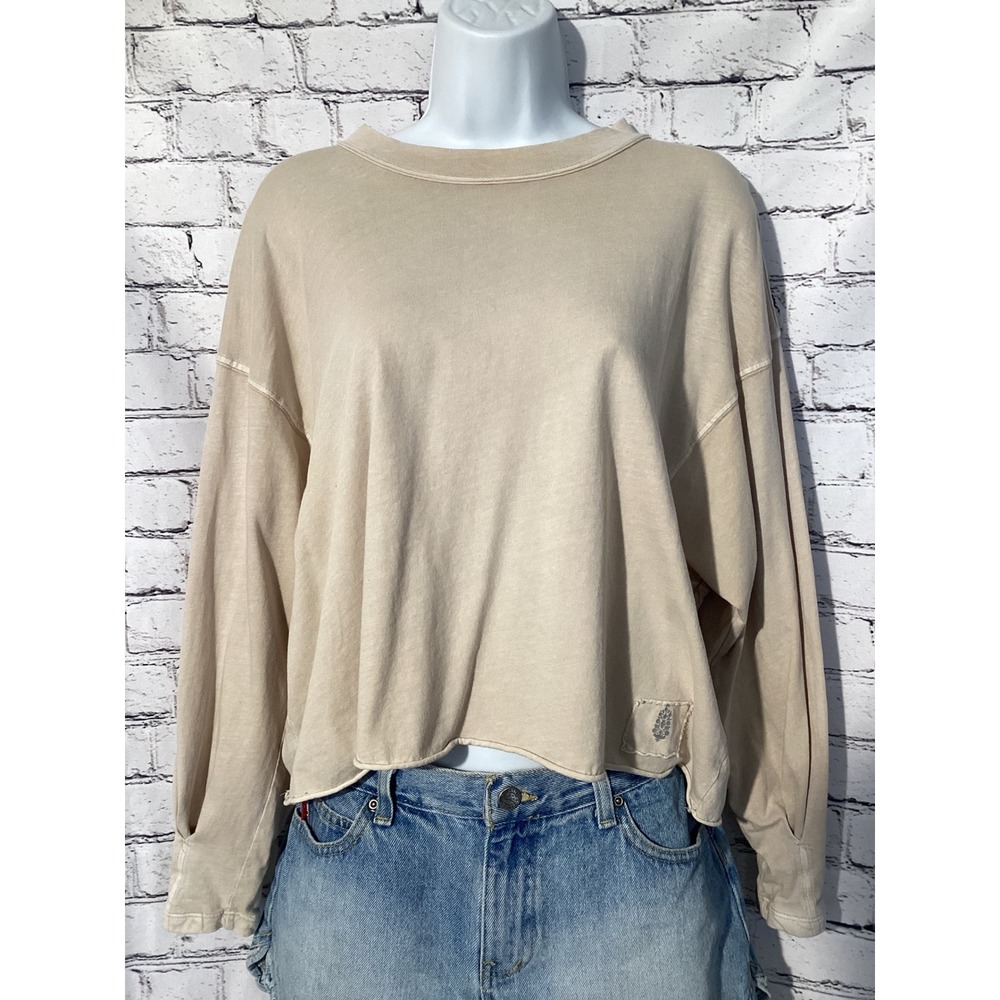 Free People Movement Cropped Long Sleeve Tee Beige Tan Raw Hem Small